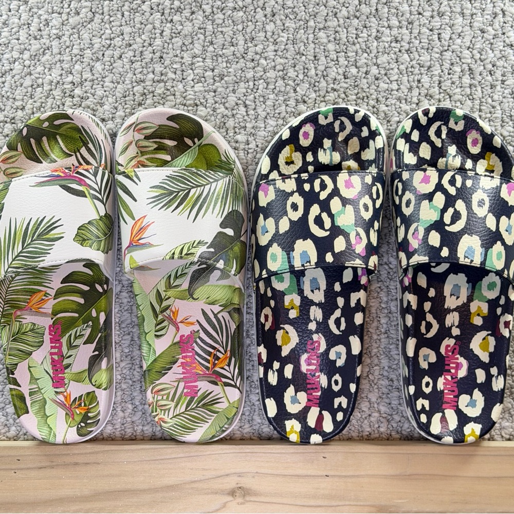 Essentials/Mukluks Slides Tropical-Palm and Colorful Leopard Print Women M 7-8
